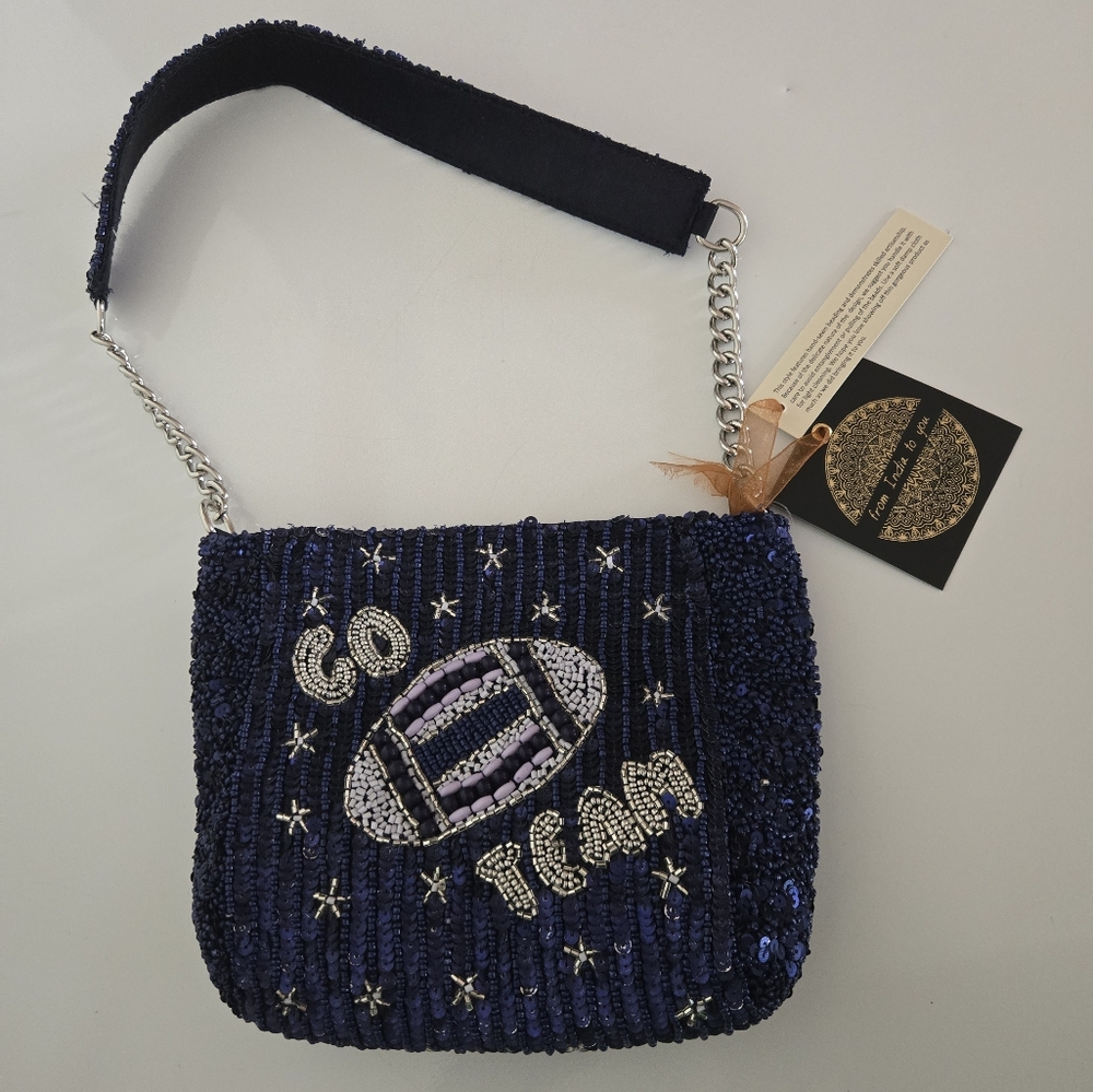 Sequin and Beaded Embellished Navy Blue 'Go Team' Football Women's Bag